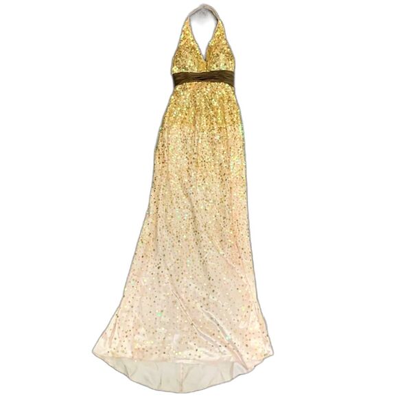 Beyond by Jovani Y2K Pink Gold Sequined Halter Neck Brown Sash Long Gown Size 2 - Picture 1 of 16